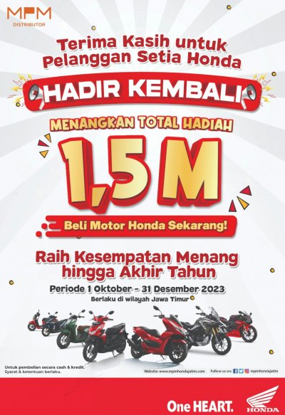 Terima kasih untuk Pelanggan Setia Honda, MPM Honda Jatim Hadirkan Kembali Undian Total Rp. 1,5 Milyar