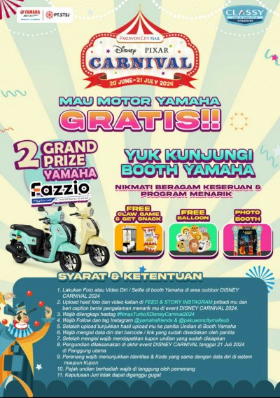 YAMAHA STSJ SIAPKAN 2 UNIT HADIAH MOTOR DI DISNEY PIXAR CARNIVAL, SIMAK SYARAT &amp; KETENTUANNYA !